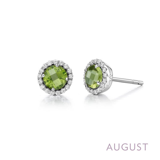 A pair of Lafonn August Birthstone Earrings, featuring elegant halo stud design with genuine peridots encircled by small, clear diamonds set in silver. "AUGUST" is written in light purple text on the bottom right corner, indicating the birthstone for August.