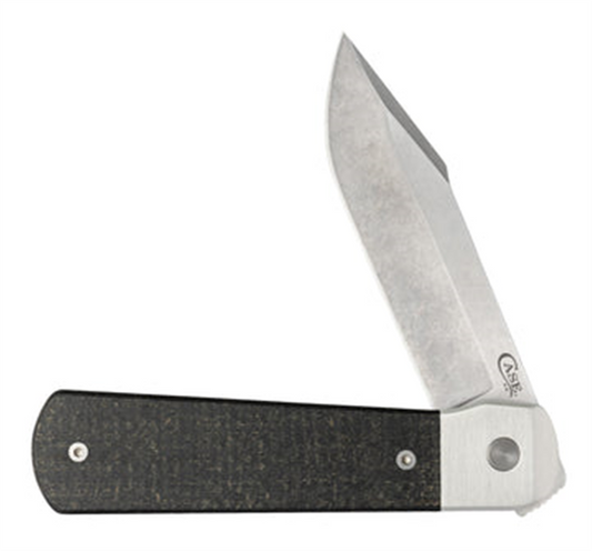 The W.R. Case & Sons Cutlery Co. black aluminum burlap mi is a folding pocket knife with a partially open stainless steel blade and a black textured handle. The knife features a plain edge blade, a visible pivot rivet near the aluminum handle, and the manufacturer's logo engraved on the blade.