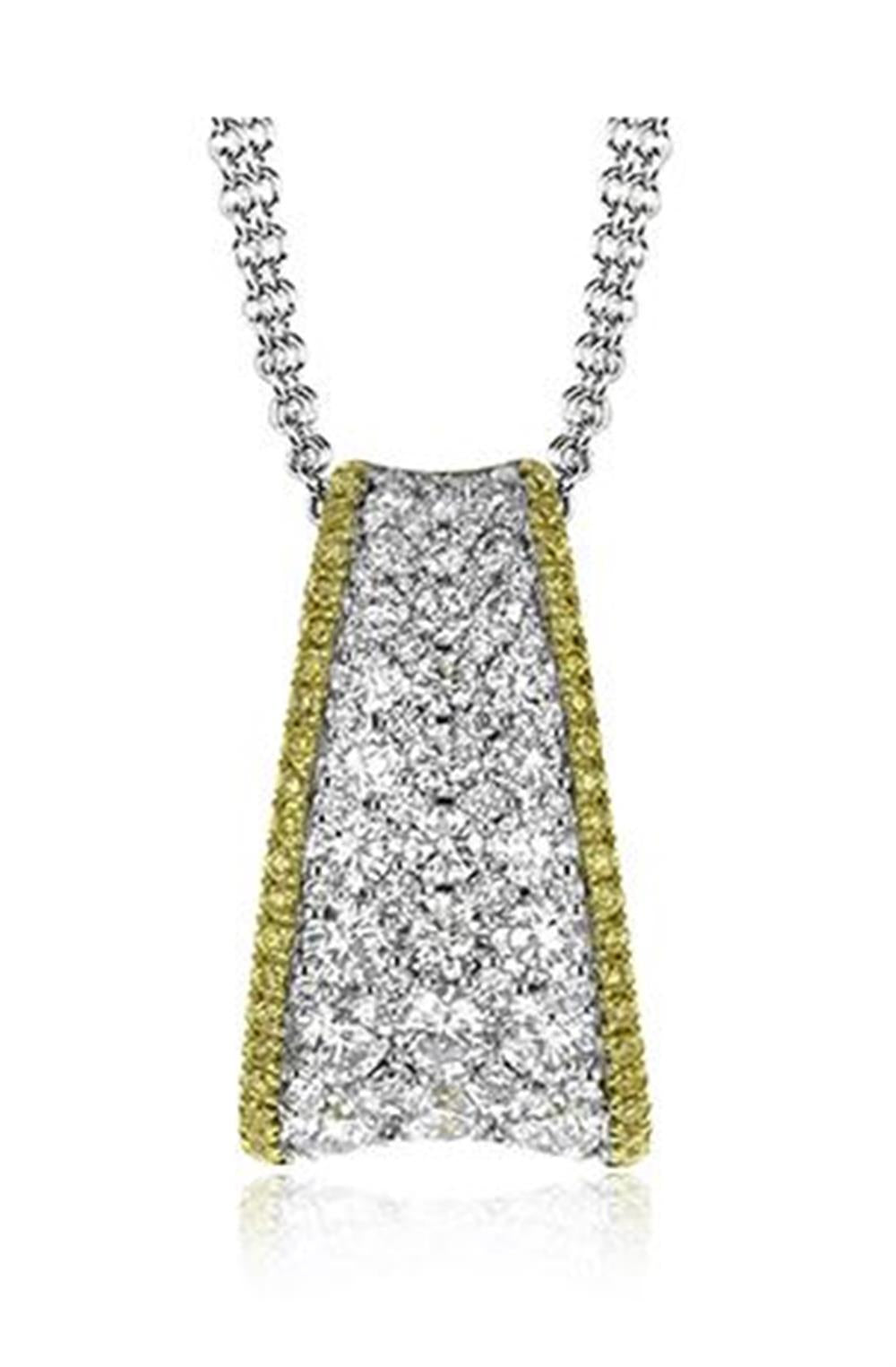 A close-up of the SIMON G. PAVE YELLOW & WHITE DIAMONDS NECKLACE by Simon G. showcases its luxurious 18K gold pendant with a rectangular, tapered design encrusted with sparkling white diamonds. The edges are adorned with a row of smaller yellow diamonds, and it elegantly hangs on a thick, textured silver chain.