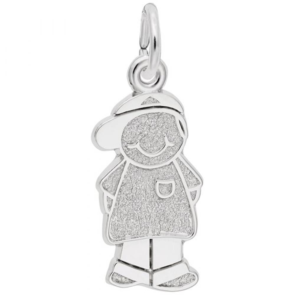 The Boy with Baseball Cap Charm in Sterling Silver by Rembrandt Charms is a pendant featuring a cartoon-like figure of a smiling child wearing a backward cap. The design includes defined outlines and a textured interior surface, giving it a charming and playful appearance.