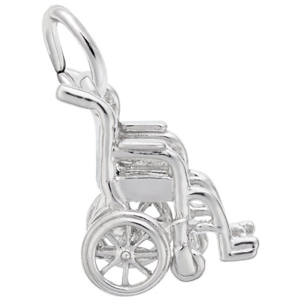 The Rembrandt Charms Wheelchair - Sterling Silver Charm features intricate details, including wheels, a seat, and armrests, with a loop at the top for attaching to a bracelet or necklace.