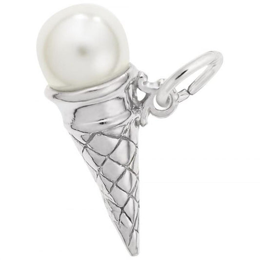 Introducing the Ice Cream Cone Charm by Rembrandt Charms, crafted from sterling silver. This whimsical charm features an intricately detailed crisscross-patterned silver cone, topped with a single white pearl to represent the ice cream scoop. A small loop at the top makes it ideal for attaching to a necklace or bracelet.