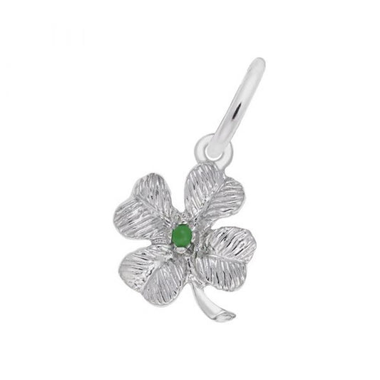 Experience the luck of the Irish with Rembrandt Charms' Four Leaf Clover Charm in sterling silver. This exquisite charm features a captivating small green gemstone at its center, detailed textured leaves, and is attached to a smooth silver loop for easy hanging.