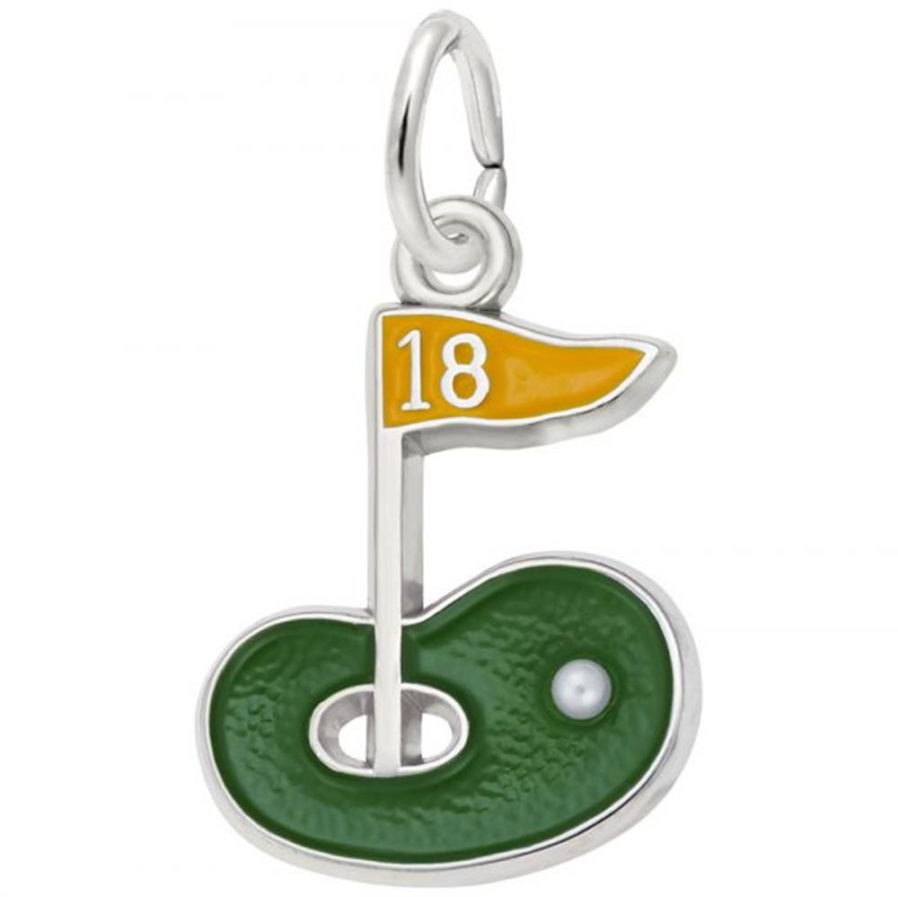 A Painted Golf Green Charm / Sterling Silver in the shape of a golf green, featuring a small flag marked with the number 18. The meticulously detailed green contains a white golf ball in the hole. This exquisite Painted Golf Green Charm / Sterling Silver by Rembrandt Charms captures the essence of your favorite sport.