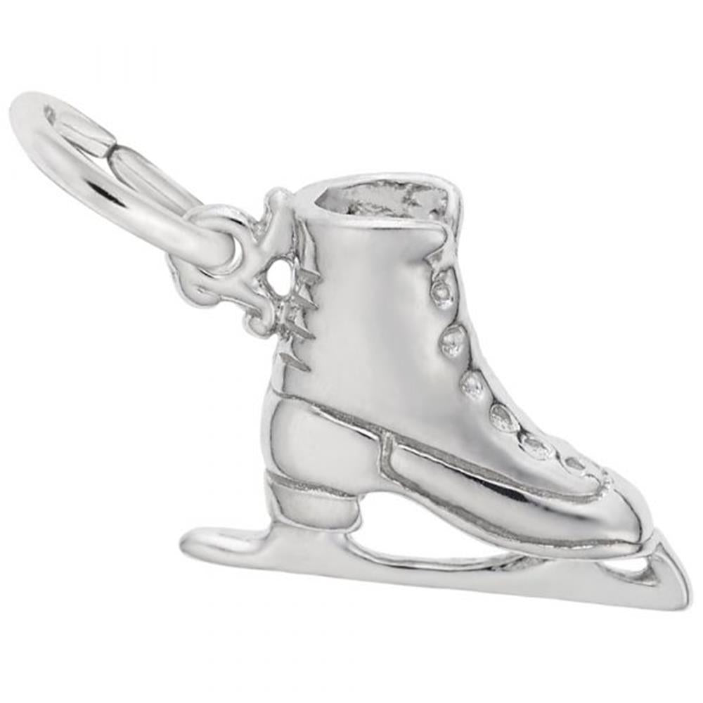 This sterling silver Figure Skate Charm from Rembrandt Charms boasts intricate detailing with laces and a skate blade, offering a sleek and polished finish. Featuring a small loop at the top, it's perfect for attaching to a bracelet or necklace, making it an elegant accessory for ice skating enthusiasts.