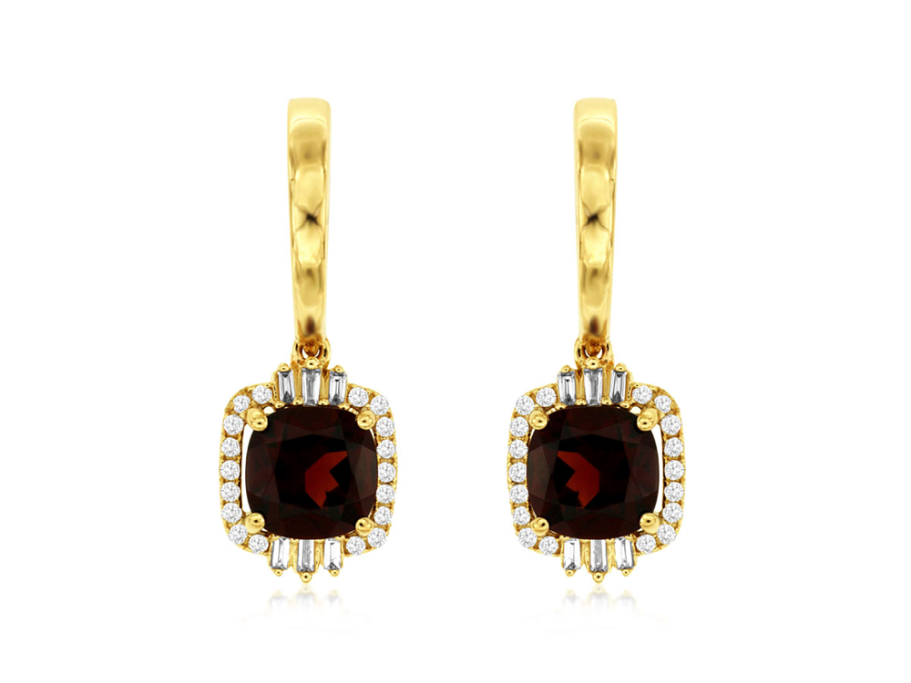 The 14k YG Garnet and Diamond huggie drop earrings by Royal Jewelry highlight exquisite cushion-cut garnet stones, surrounded gracefully by a halo of radiant diamonds and baguette-cut accents. Crafted in 14K yellow gold, these earrings feature a sleek, polished finish that embodies timeless elegance.