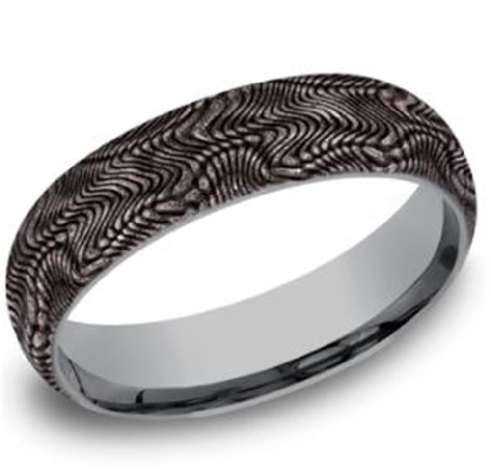 A close-up image of the "6mm Tantalum with Textured Snake Skin Designed Ring" from Benchmark Rings, showcasing its intricate, snake skin-inspired wavy patterns etched into the surface. The ring features a sleek inner band with a polished finish, beautifully contrasting with its textured outer design.