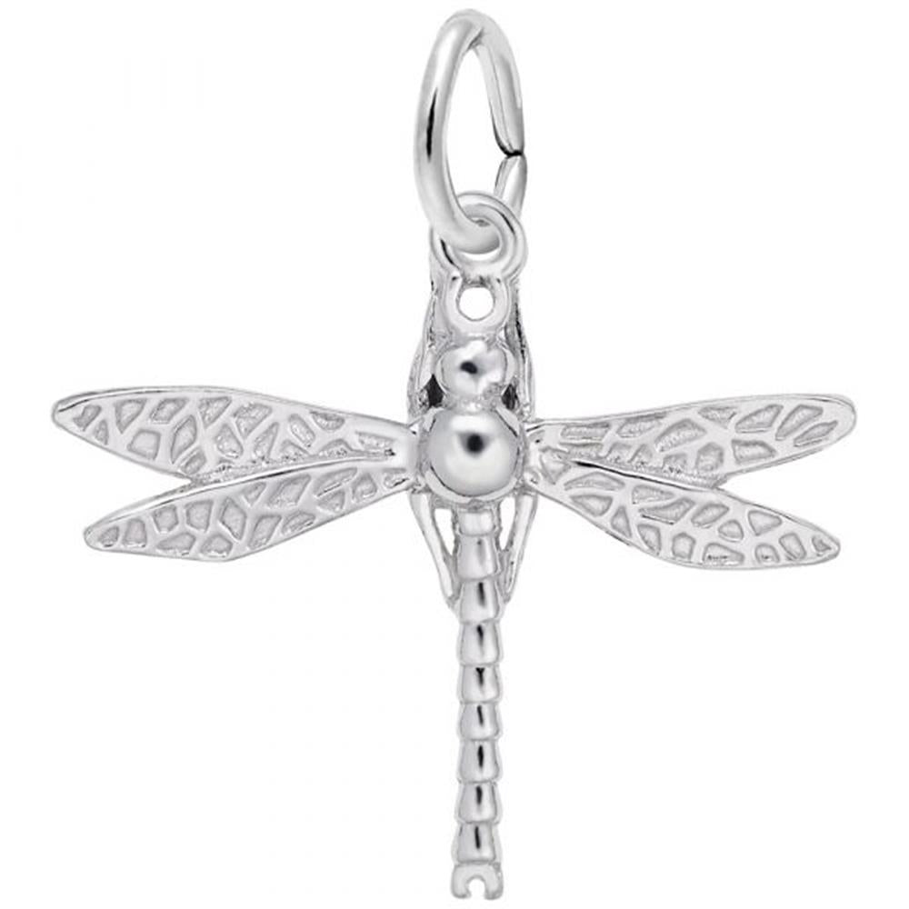 A close-up image of a Rembrandt Charms Dragonfly Charm / Sterling Silver with intricately designed wings and a smooth body. The charm features a small, round loop at the top for attaching to a bracelet or necklace. The dragonfly's wings have detailed, lace-like patterns.