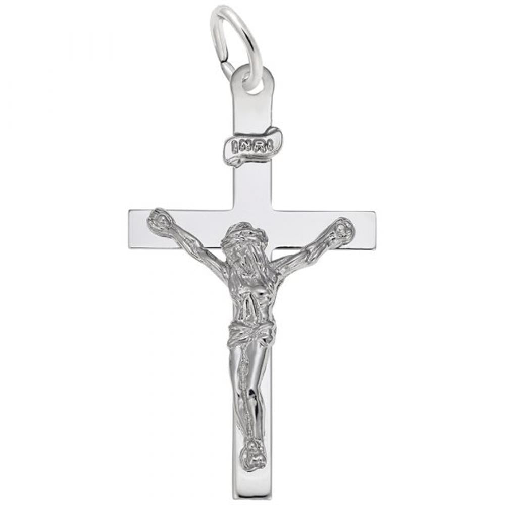 The Crucifix Charm in Sterling Silver by Rembrandt Charms showcases an intricate design of Jesus on the cross, featuring a small loop at the top for hassle-free attachment. This piece is elegantly inscribed with "INRI," adding an authentic, classic touch.