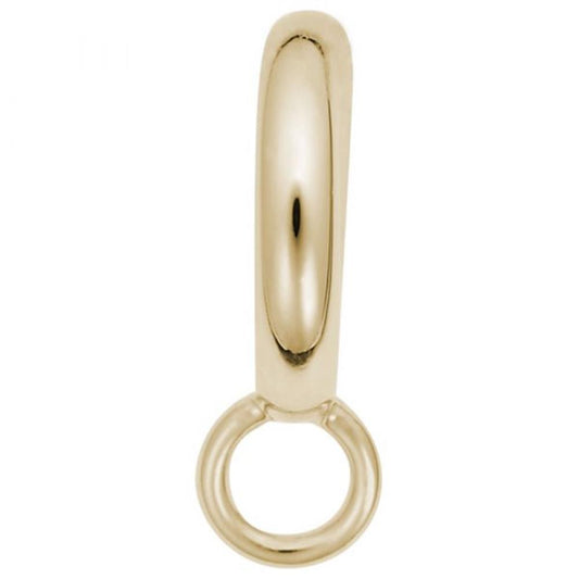 A close-up image of the Pandora Converter Charm Drop Polished / Gold-Plated Sterling Silver by Rembrandt Charms. The design showcases a sleek, polished gold-plated bail with a smooth, rounded top that tapers down to a small circular ring at the bottom, ideal for attaching charm drops or pendants to jewelry pieces.