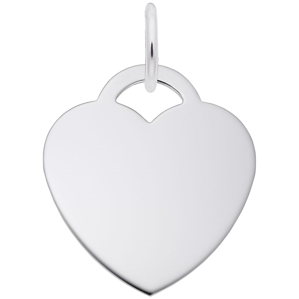 A close-up of the polished "Large Heart - 50 Series Charm" in sterling silver by Rembrandt Charms, featuring a small circular loop at the top for attaching to a chain or bracelet. The surface of this heart-shaped charm is smooth and reflective, giving it a sleek and elegant appearance imbued with timeless charm.