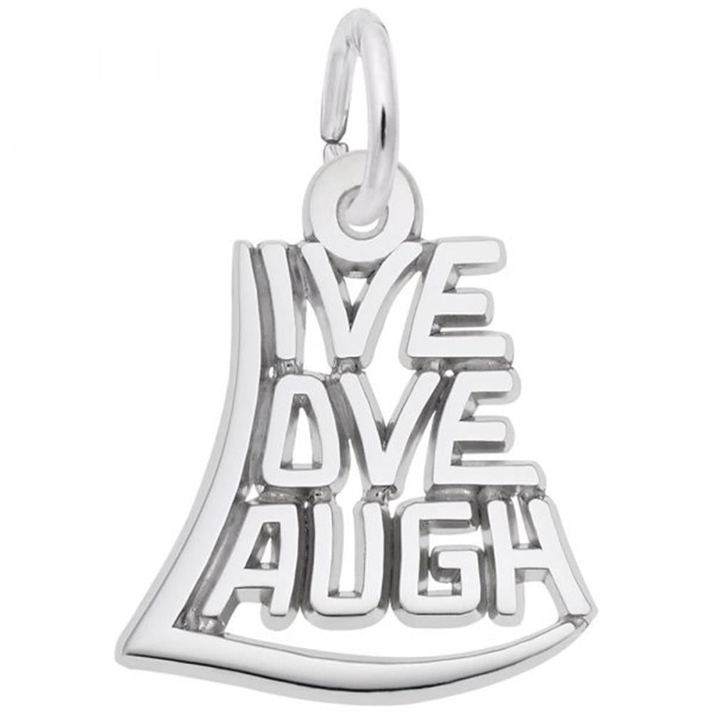 The Rembrandt Charms Live, Laugh, Love Charm is a sterling silver pendant shaped like a triangular sail, featuring cut-out letters that spell "LIVE", "DIVE", and "LAUGH". The charm has a smooth and polished finish with a small loop for attaching to a chain, exuding the elegance characteristic of Rembrandt Charms.