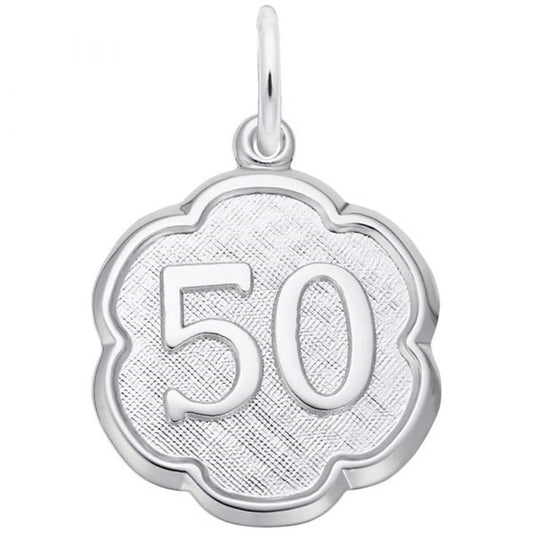 Introducing the Number 50 Charm from Rembrandt Charms. This sterling silver charm showcases a bold "50" engraved at the center, surrounded by an elegant scalloped edge. The background features a textured pattern, and a small loop at the top makes it easy to attach to any chain or cord.