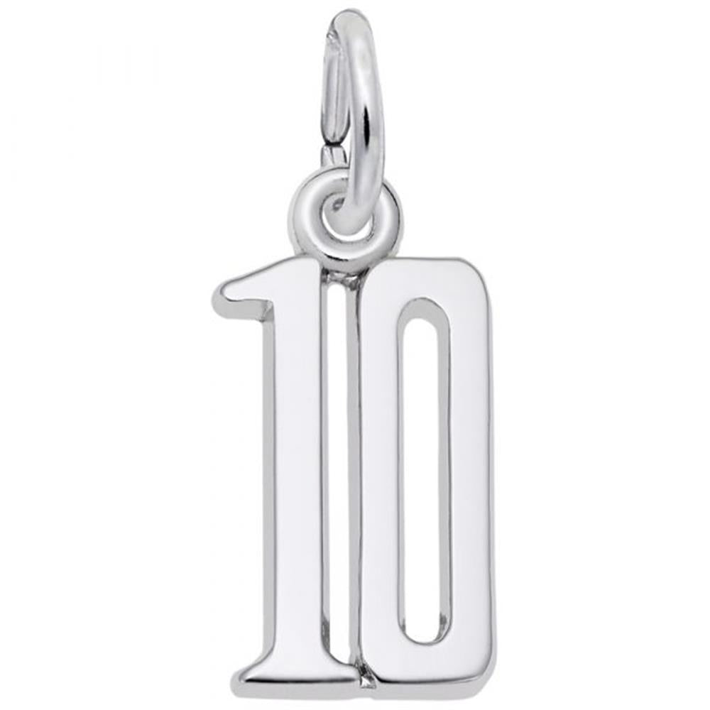 The Number 10 Charm by Rembrandt Charms is crafted from shiny sterling silver and shaped like the number 10. This pendant features a small circular loop at the top, perfect for attaching to a chain or bracelet. With its sleek and polished design, it boasts a modern and elegant appearance.