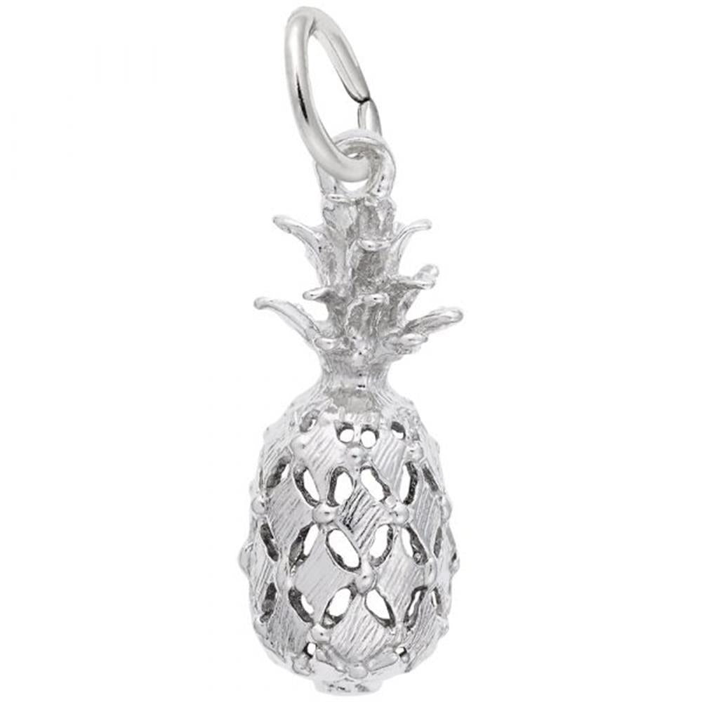 The Rembrandt Charms Pineapple Charm in sterling silver features intricate detailing and is designed to be attached to a bracelet or necklace. It has a small loop at the top for easy attachment.