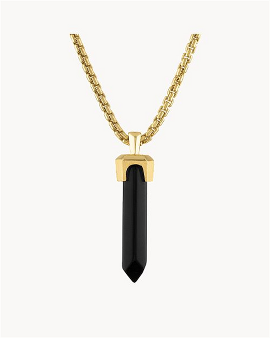 A gold-plated sterling silver necklace with a box chain design, featuring a modern obelisk-shaped black onyx stone set in a minimalist gold cap. The pendant hangs at the center of the image against a white background, showcasing the sleek elegance of this Black Onyx Necklace by Bulova Watch Company.