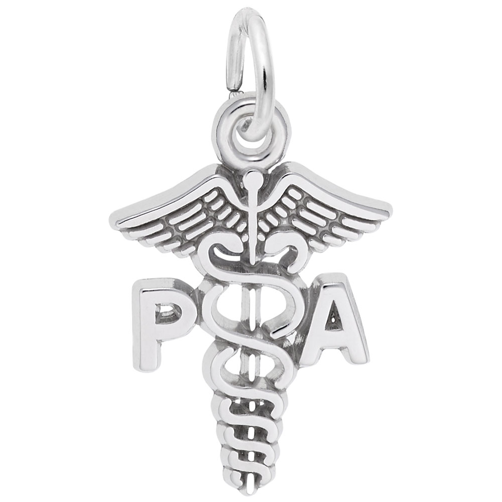 The PA Caduceus Charm by Rembrandt Charms is a sterling silver pendant featuring the letters "PA" on either side of a winged staff with two snakes entwined around it, symbolizing medical and healthcare professions.