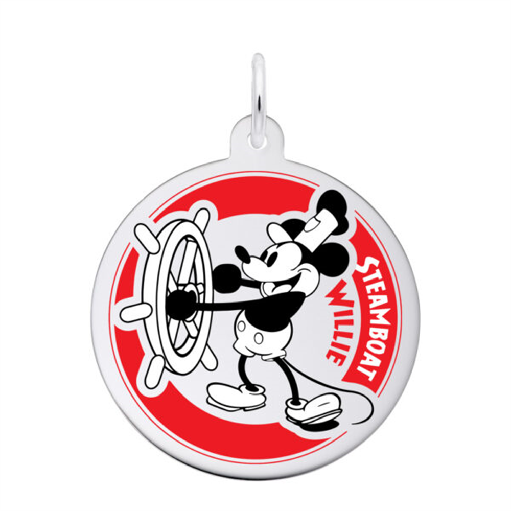 The Rembrandt Charms Steamboat Willie Charm in Sterling Silver showcases a round charm with a black-and-white illustration of a cartoon character wearing a hat and steering a ship's wheel against a red background. The text "STEAMBOAT WILLIE" is displayed to the right of the character, making it an ideal keepsake for fans of Animation History.