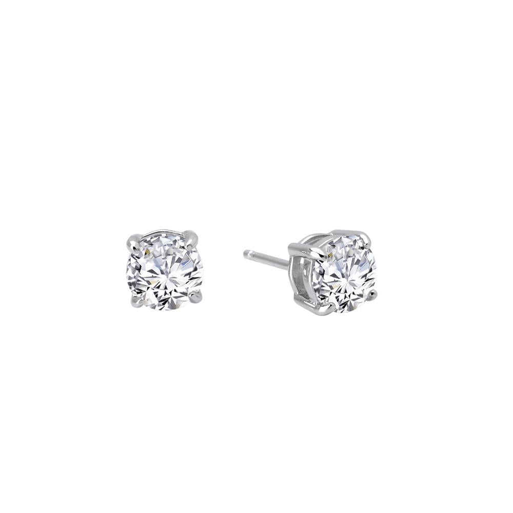 Presenting the 1.50 Carats Diamond Stud Earrings by Lafonn: A stunning pair of sterling silver earrings featuring single, round-cut simulated diamonds in a secure four-prong setting. These elegant earrings, which exhibit a timeless design, are beautifully displayed against a plain white background.