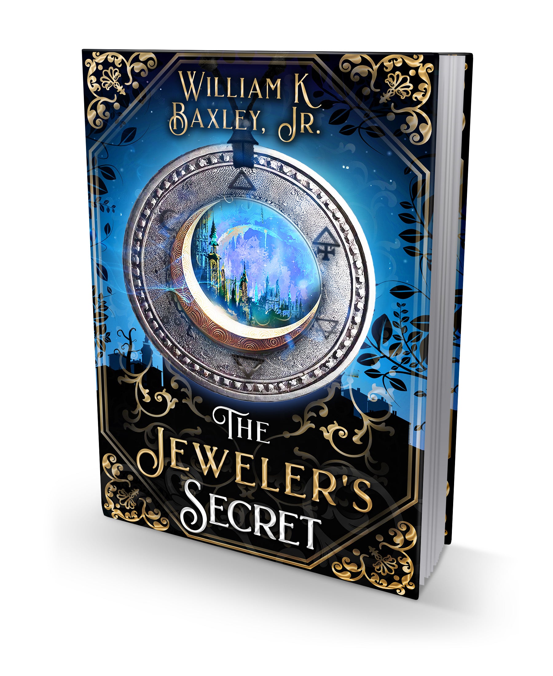 The Jeweler's Secret" by William Baxley & Avonlea Jewelers showcases a cover with a master-crafted pendant enclosing a mystical cityscape, featuring ornate gold and black details on a blue background, echoing ancient relics.