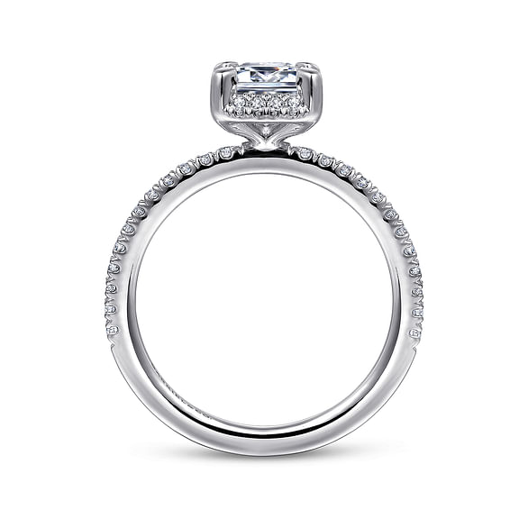 As part of the Classic Collection by Gabriel & Co, this 14K white gold engagement ring showcases a large square diamond at its center, accentuated by smaller diamonds along the band, all beautifully set against a white background.