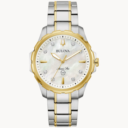 The luxurious Marine Star Ladies' Watch from Bulova Watch Company showcases a silver and gold-tone stainless steel bracelet. Its round face is adorned with diamond accents, gold hands, and a mother-of-pearl dial. This exquisite timepiece is water-resistant up to 100 meters.