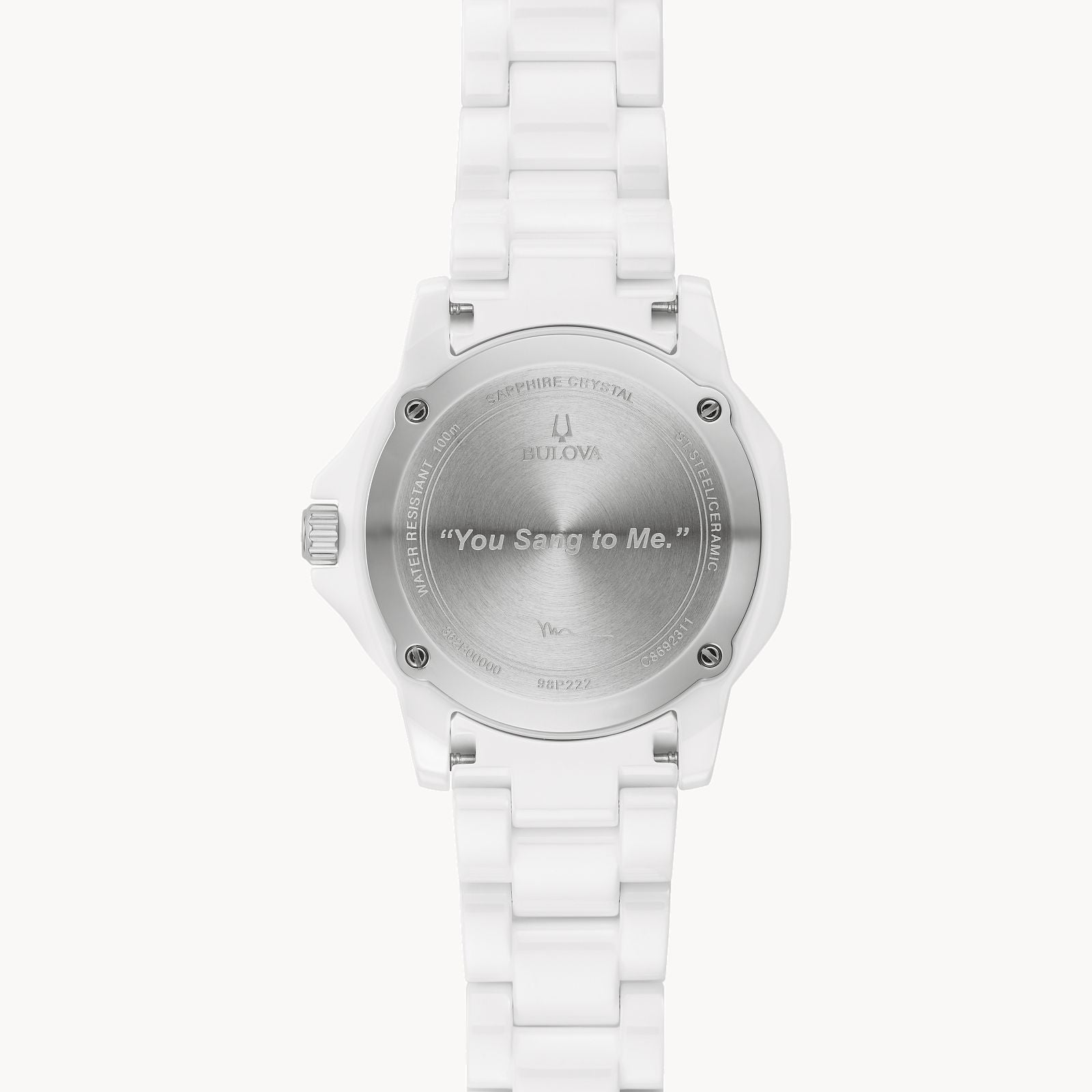 The back of this Marc Anthony Marine Star Watch by Bulova Watch Company with a metal case features the engraving "You Sang to Me," inspired by Marc Anthony. Additionally, the brand name is elegantly engraved above the heartfelt message.