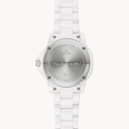 The back of this Marc Anthony Marine Star Watch by Bulova Watch Company with a metal case features the engraving "You Sang to Me," inspired by Marc Anthony. Additionally, the brand name is elegantly engraved above the heartfelt message.