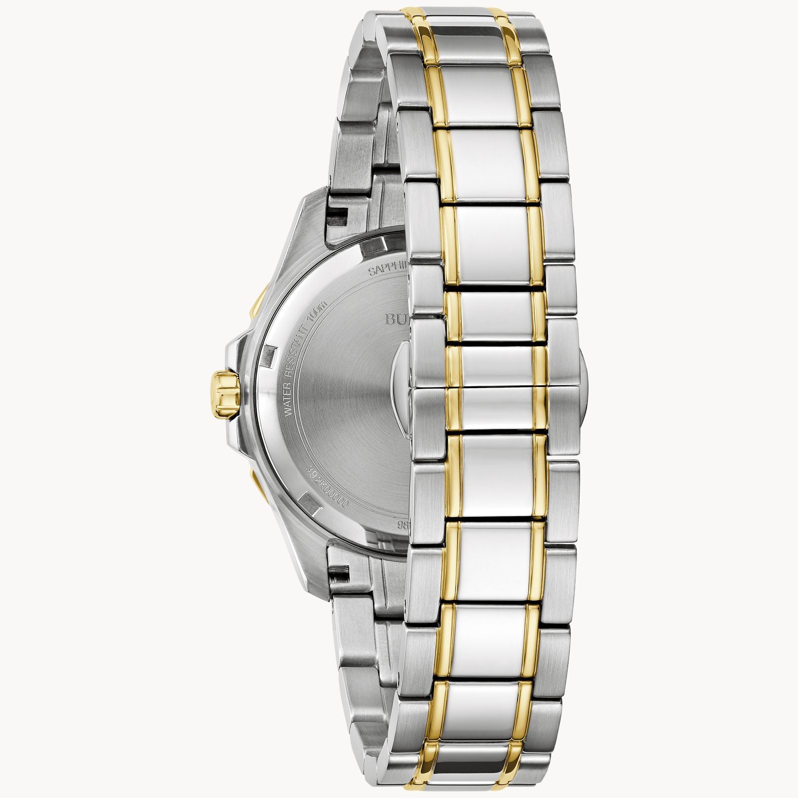 Get a close-up look at the Marine Star Ladies' Watch by Bulova, featuring a stainless steel bracelet with elegant silver and gold-tone finishes. The visible clasp and watch back showcase intricate detailing, polished metal surfaces, and gleaming diamond accents.