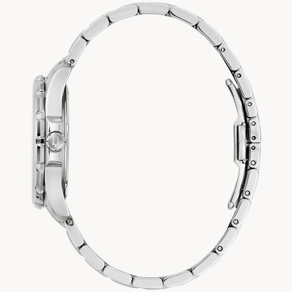 A side view of the Marine Star Ladies' Watch by Bulova, featuring a sleek, silver design with a linked metal band. The wristwatch showcases a smooth, thin bezel and a clasp closure on the bracelet. Its minimalist and elegant aesthetic is highlighted by diamond accents and a polished finish reminiscent of the Mother of Pearl and Diamonds collection.