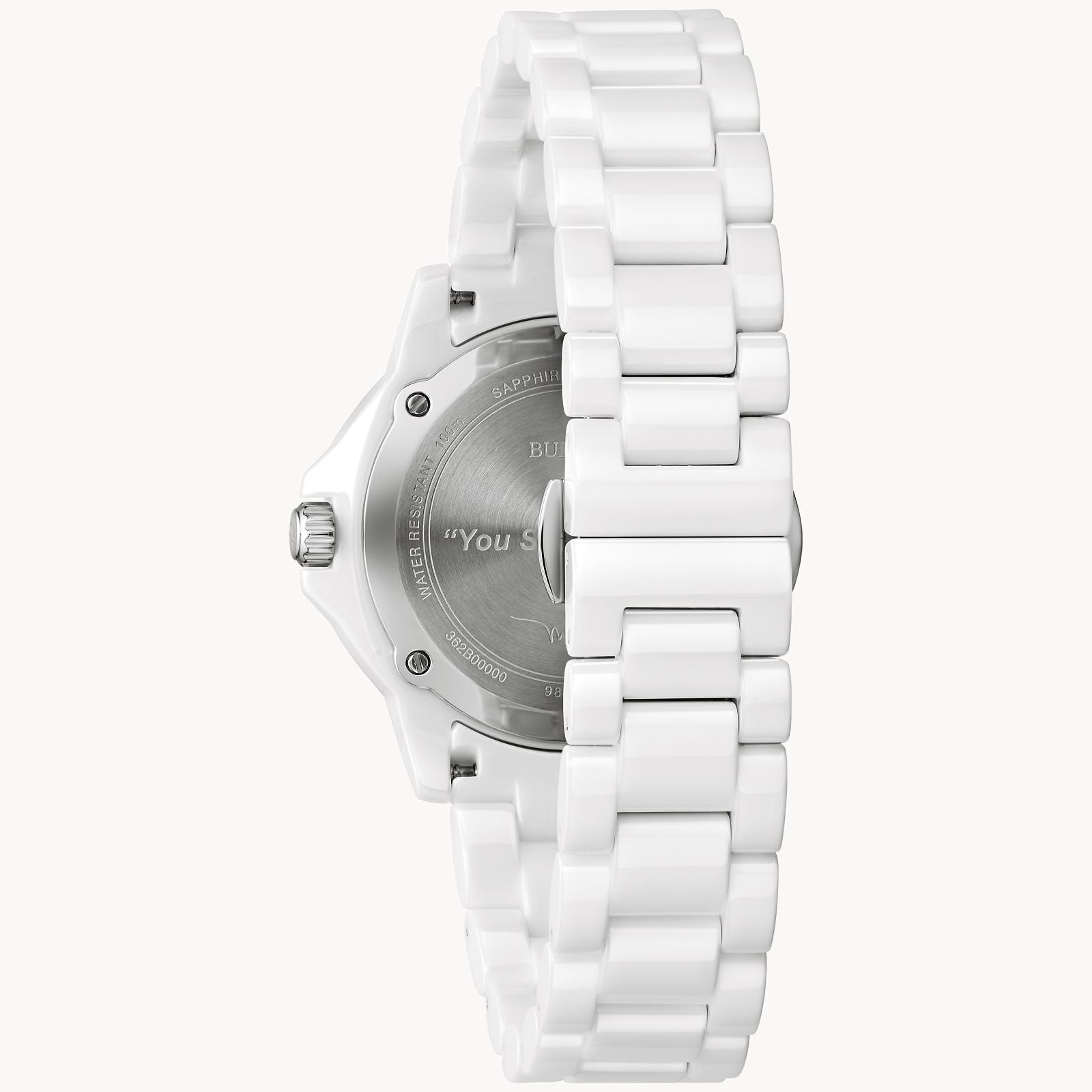 A Bulova Watch Company Marc Anthony Marine Star Watch showcased from the back, revealing the stainless steel back plate. The white ceramic band features contiguous rectangular links, and the text "You..." is partially visible on the back plate.