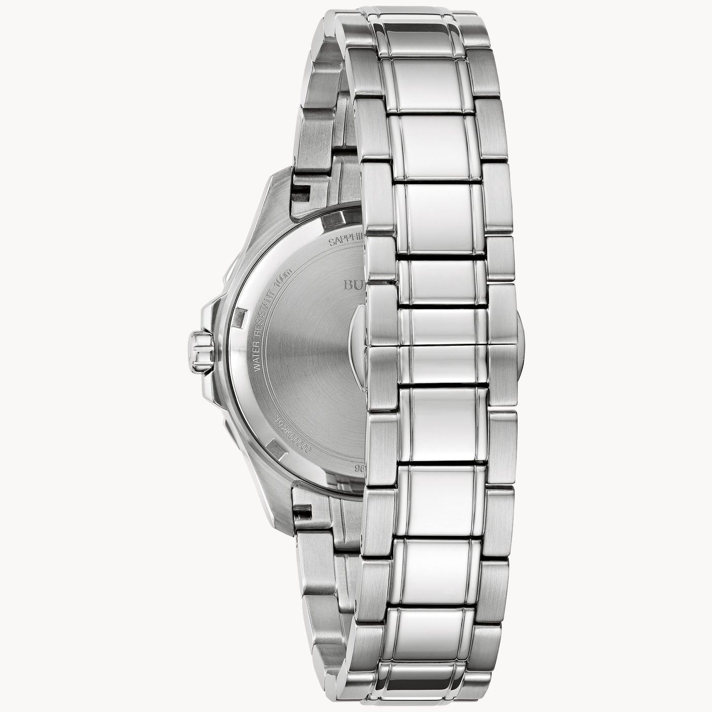 The image shows the back view of a Bulova Watch Company Marine Star Ladies' Watch with a linked band. The wristwatch features a polished and brushed stainless steel finish and is outfitted with a clasp mechanism. Its round case back has engraved details, complementing its elegant mother of pearl dial adorned with diamond accents.