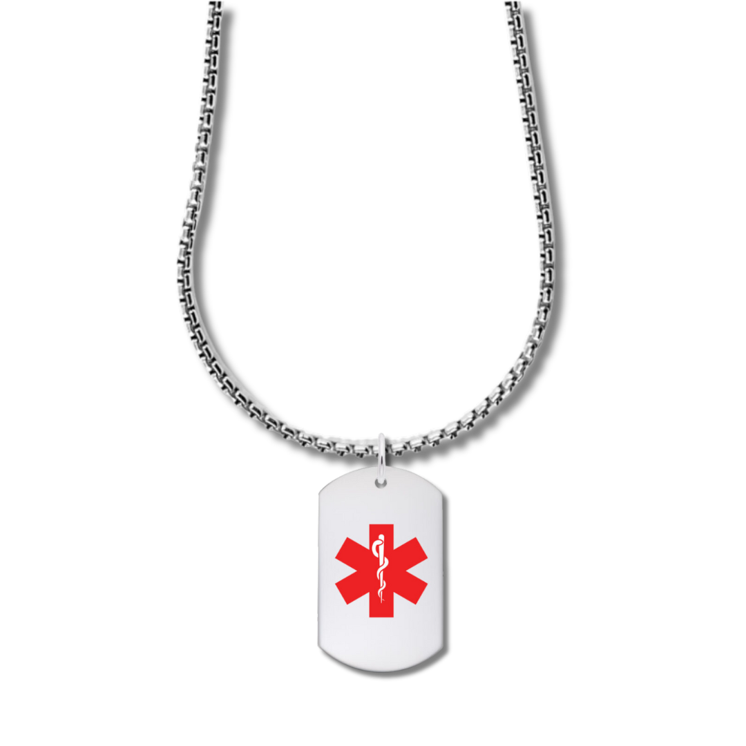 The Medical Alert Painted Dog Tag / Sterling Silver by Rembrandt Charms is a silver chain necklace with a rectangular pendant resembling a Medical Dog Tag. It features the red medical symbol, the Star of Life with a Rod of Asclepius, on a white background against a black backdrop.