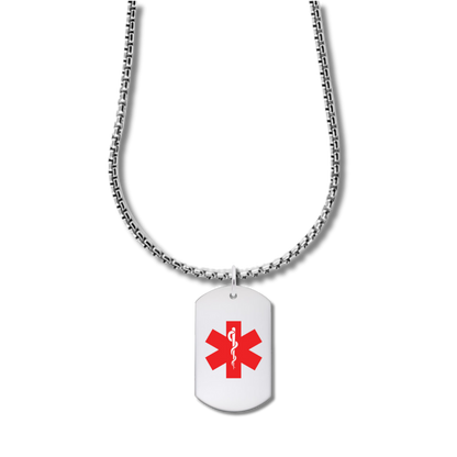 The Medical Alert Painted Dog Tag / Sterling Silver by Rembrandt Charms is a silver chain necklace with a rectangular pendant resembling a Medical Dog Tag. It features the red medical symbol, the Star of Life with a Rod of Asclepius, on a white background against a black backdrop.