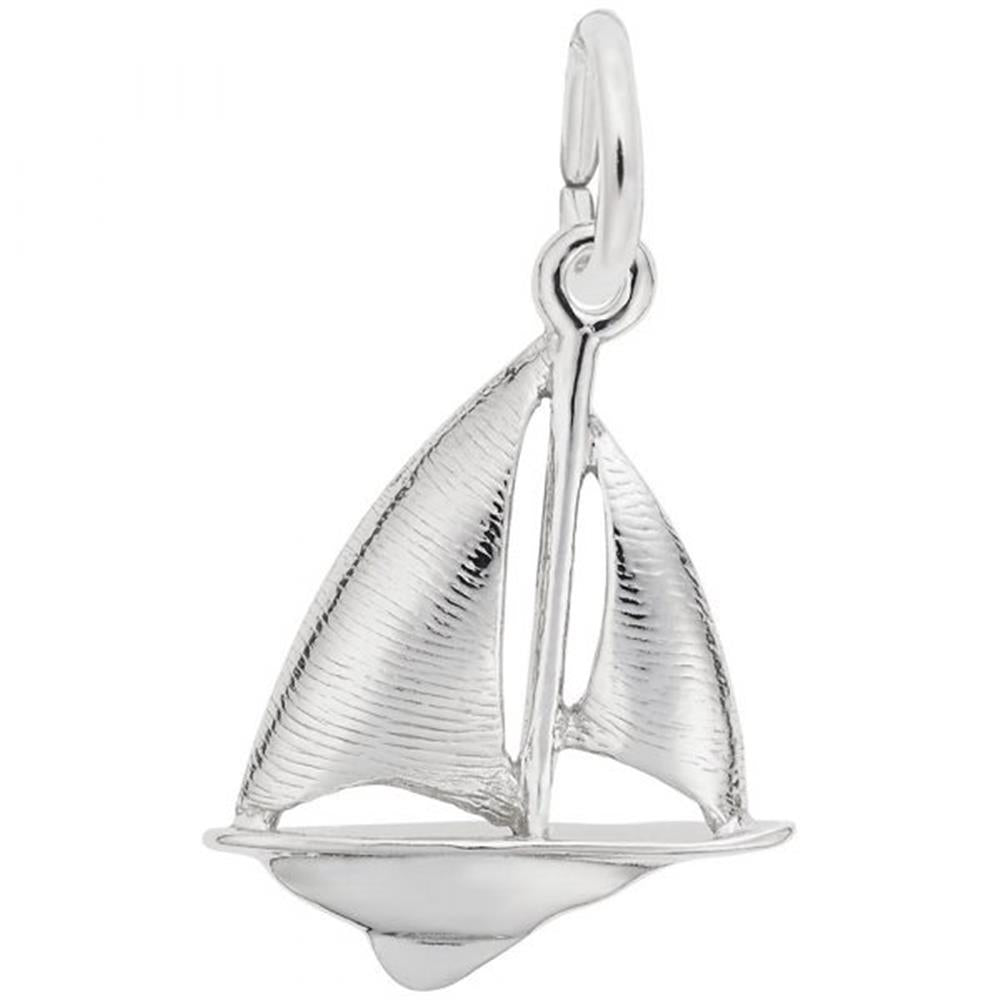 The Rembrandt Charms Sailboat Charm in sterling silver features detailed sails and a meticulously crafted hull, complete with a small loop at the top for easy attachment to jewelry. This polished charm boasts intricate texturing on the sails for a realistic appearance, all set against a plain white background.