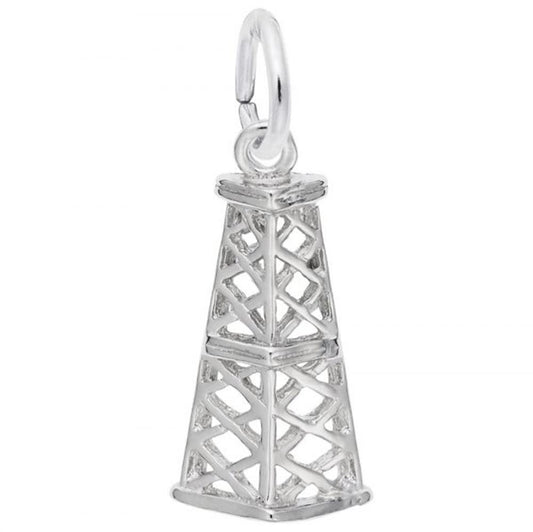 The Rembrandt Charms Oil Rig Charm in sterling silver features a three-dimensional design with intricate latticework detailing. This expertly crafted piece has a small loop at the top, perfect for attaching to a necklace or bracelet.