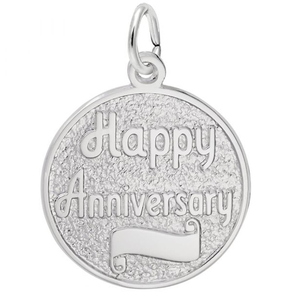 'Sterling silver disc charm with the engraved text: Happy Anniversary, and a blank ribbon design at the bottom. Style 2702, 0.78 in x 0.78 in (19.71 mm x 19.71 mm).'