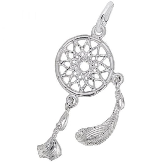 The Rembrandt Charms Dream Catcher Charm in sterling silver features intricate webbing inside its circular frame, with two finely detailed silver feathers dangling from the bottom. The exquisite craftsmanship of this pendant includes a small loop at the top for easy attachment to a chain.