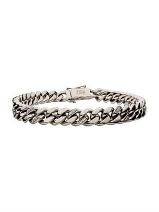 A close-up image of the polished Stainless Steel with 0.15 carat & 30pcs 1mm Diamond Curb Chain Miami Cuban with Box Clasp Bracelet by INOX, featuring twisted, interlocking links. The box clasp is visible, adorned with an intricate engraving. The bracelet showcases a reflective finish that adds a touch of sophistication and elegance.