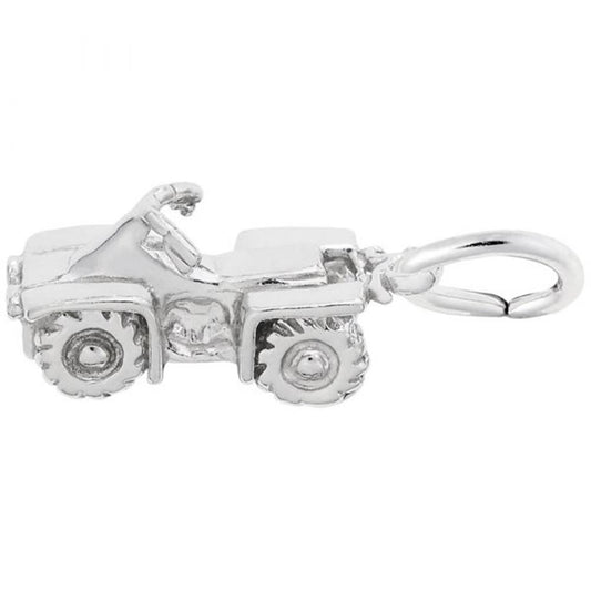 'Sterling silver ATV charm by Rembrandt Charms, featuring a detailed all-terrain vehicle design with a small loop for attachment. Dimensions: 0.6 in x 0.35 in (15.3 mm x 8.8 mm).'