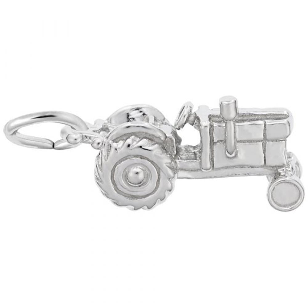 The Rembrandt Charms Tractor Charm in Sterling Silver is a finely detailed miniature tractor, featuring large rear wheels, smaller front wheels, a steering wheel, and an exhaust pipe. It includes a small loop for easy incorporation into jewelry-making projects.