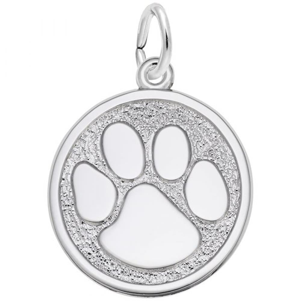 The Rembrandt Charms Paw Print Large Charm in sterling silver features a raised paw print design at its center. Both the background and the paw print have a textured, sparkling finish, and the charm includes a small loop at the top for easy attachment to a chain or keyring, making it perfect for celebrating your furry friends.