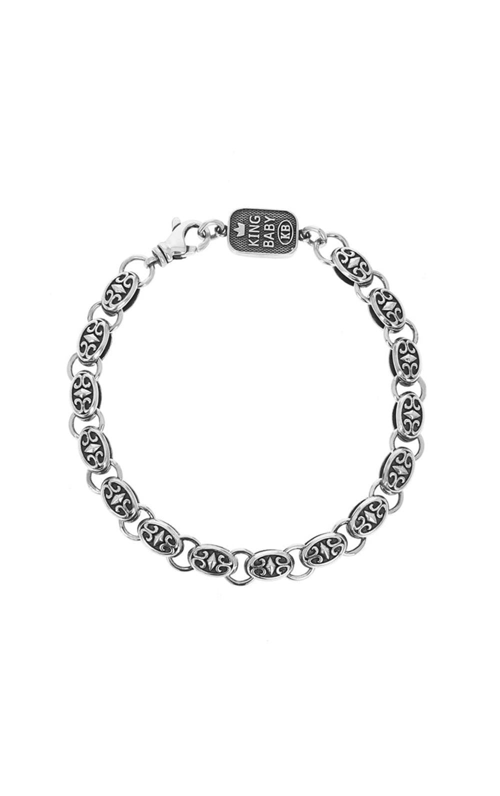 Handcrafted from sterling silver, the Small Classic Link Silver Bracelet by King Baby showcases intricate linked chains with black detailing. This exquisite piece is adorned with a rectangular tag emblazoned with "KING BABY" and a crown symbol.