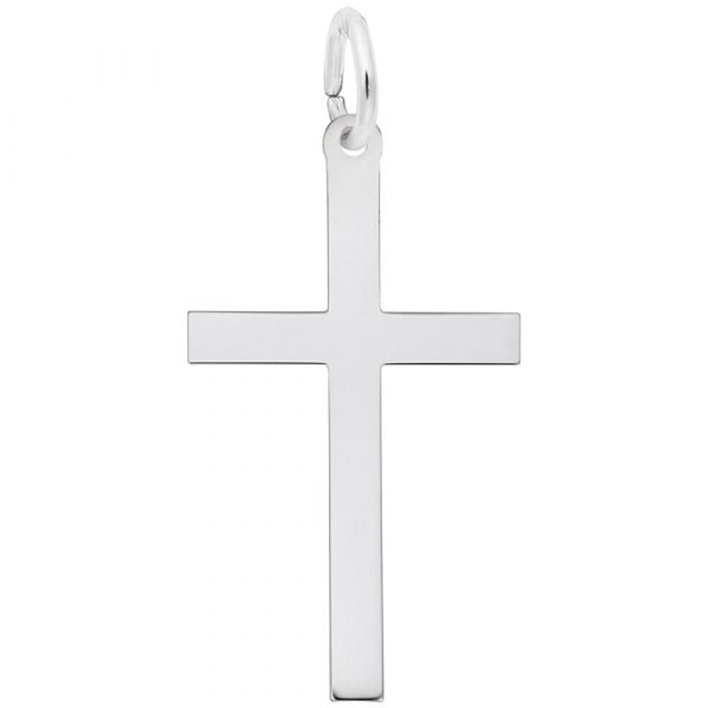 The Rembrandt Charms Cross Charm in Sterling Silver is a simple and elegant pendant with a smooth, polished finish. It features a round loop at the top for easily attaching it to a necklace or chain, and its minimalistic design showcases clean, straight lines.