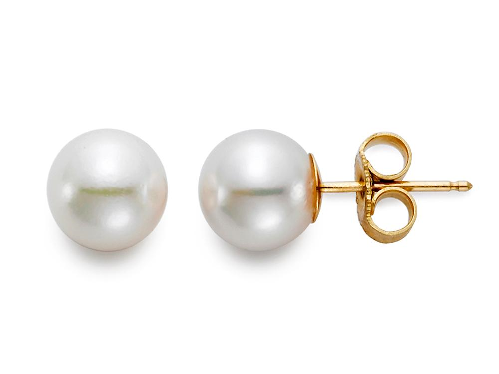 Introducing the Mastoloni Pearls Freshwater Pearl Stud Earrings, crafted with 14 Kt gold and showcasing round, white freshwater pearls ranging from 7-7.5MM. The gold posts are complemented by secure butterfly backings. These elegant earrings are displayed in both front and side views, highlighting their simple yet sophisticated design.