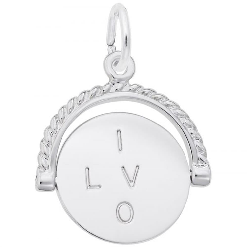 The Rembrandt Charms I Love You Spinner Charm in sterling silver features a round, flat disc engraved with the letters "I", "L", "V", and "O." The piece is partially encircled by a twisted rope design at the top and includes a loop for attaching to a chain or bracelet.