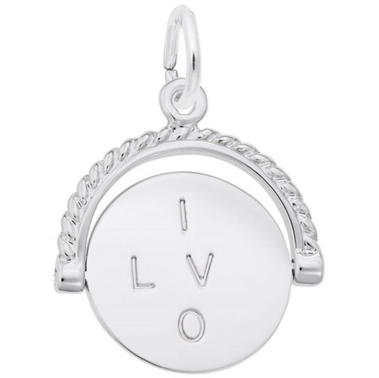 The Rembrandt Charms I Love You Spinner Charm in sterling silver features a round, flat disc engraved with the letters "I", "L", "V", and "O." The piece is partially encircled by a twisted rope design at the top and includes a loop for attaching to a chain or bracelet.