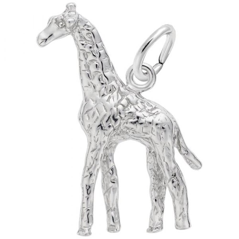 The GIRAFFE Sterling Silver Charm by Rembrandt Charms features a beautifully detailed pendant in the shape of a giraffe. The textured detailing captures the lifelike body features of the giraffe, including its long neck and legs, and it includes a loop at the top for easy attachment to a chain or bracelet.