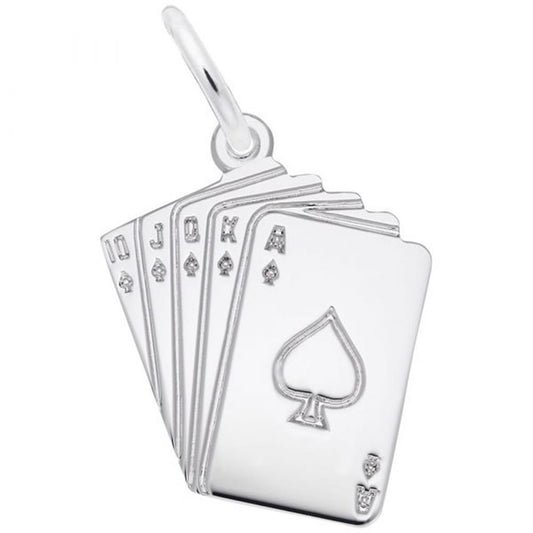 The Royal Flush Cards Charm by Rembrandt Charms is crafted from sterling silver and features five playing cards. From right to left, the cards depict an Ace of Spades, King, Queen, Jack, and Ten—all spades. Each card is accented with a small diamond and has an attached loop at the top for wearing as jewelry on a chain or necklace.
