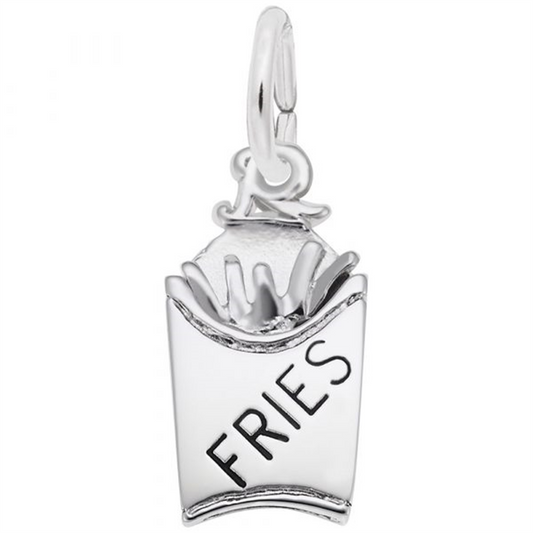 The Rembrandt Charms Fries Charm is a sterling silver piece shaped like a container of French fries, with "FRIES" engraved on the front. It includes a loop at the top for easy attachment to a bracelet or necklace.